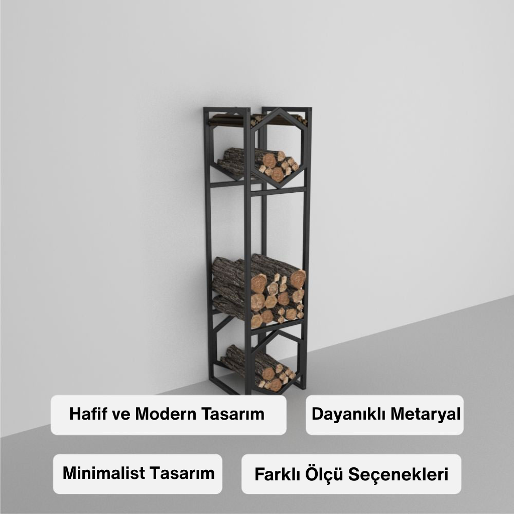 Minimalist ve modern tasarımlı, dayanıklı metaryalden üretilmiş, hafif yapılı, farklı ölçü seçenekleri olan siyah metal odunluk veya çok amaçlı raf ünitesi.