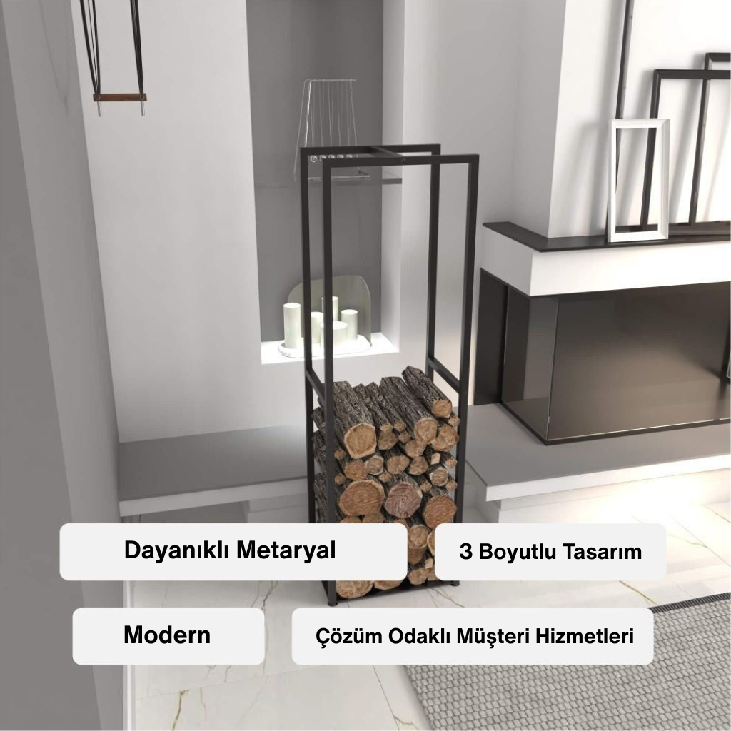 Dayanıklı metaryalden yapılmış, modern ve 3 boyutlu tasarıma sahip siyah metal odunluk rafı. (Görselde müşteri hizmetleri bilgisi de yer almaktadır.)