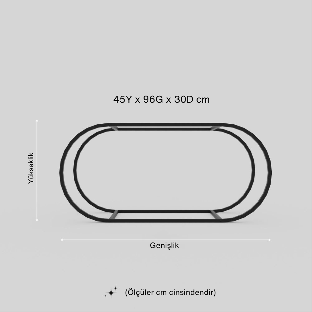 Siyah metal, oval tasarımlı orta sehpanın santimetre cinsinden temel ölçülerini (Yükseklik: 45 cm, Genişlik: 96 cm, Derinlik: 30 cm) gösteren teknik çizim.