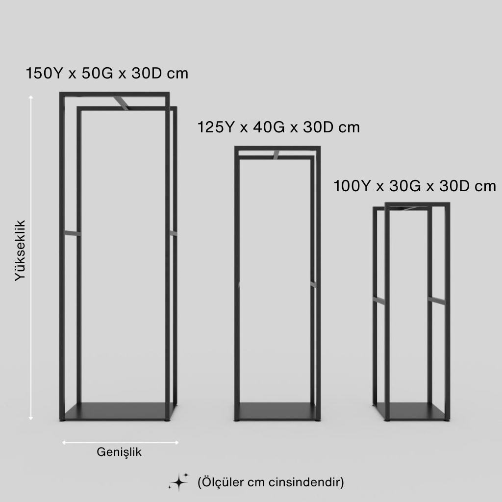Farklı boyutlarda (150, 125 ve 100 cm yükseklik) siyah metal, modern tasarımlı, uzun ve ince dekoratif raf veya askılık setinin santimetre cinsinden ölçülerini gösteren teknik çizim.