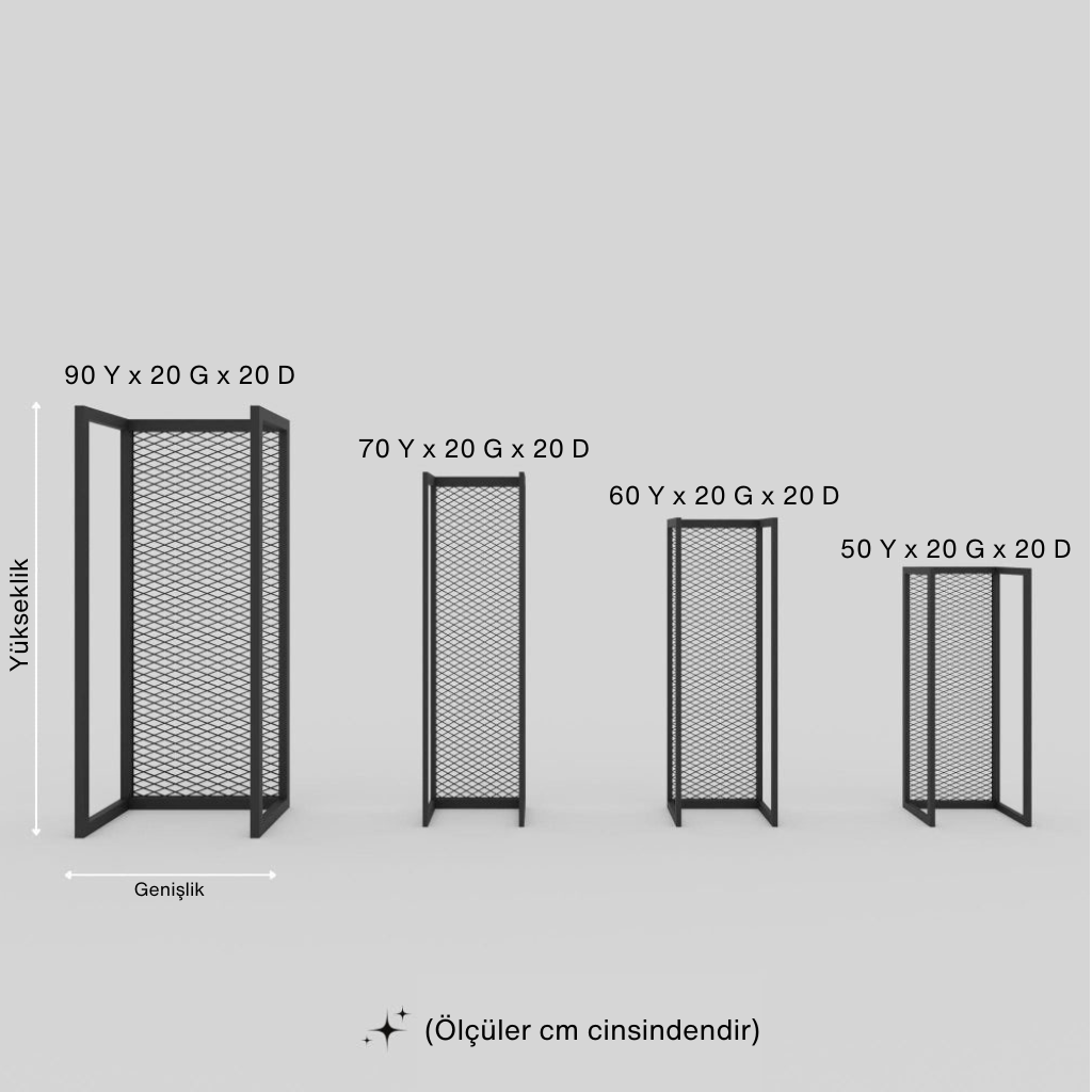 Farklı yüksekliklerde dört adet siyah metal kafes/ızgara raf setinin ölçü çizimi. Cm cinsinden boyutlar: 90x20x20, 70x20x20, 60x20x20 ve 50x20x20.