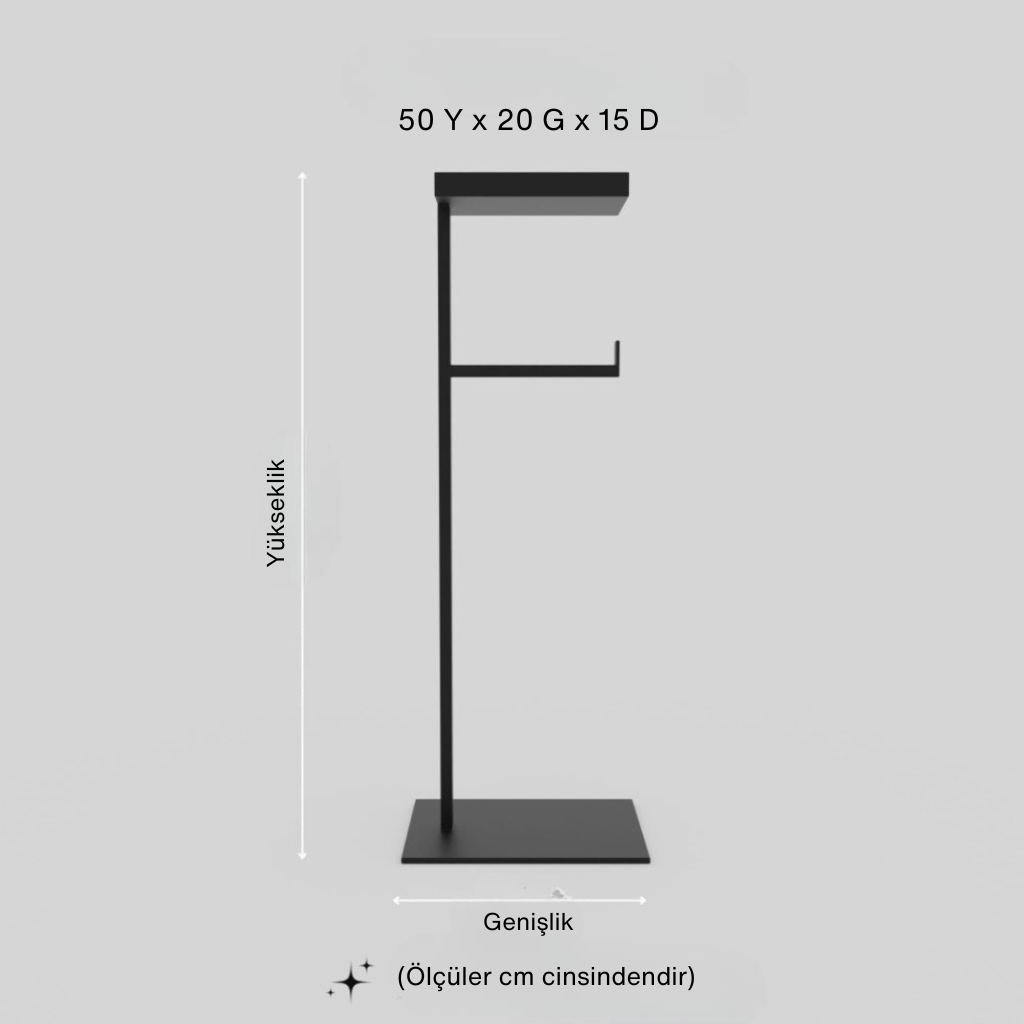 Modern siyah metal tuvalet kağıdı standı ölçü görseli – 50 cm yükseklik, 20 cm genişlik, 15 cm derinlikte minimalist dik tasarım, banyo için şık ve işlevsel çözüm.