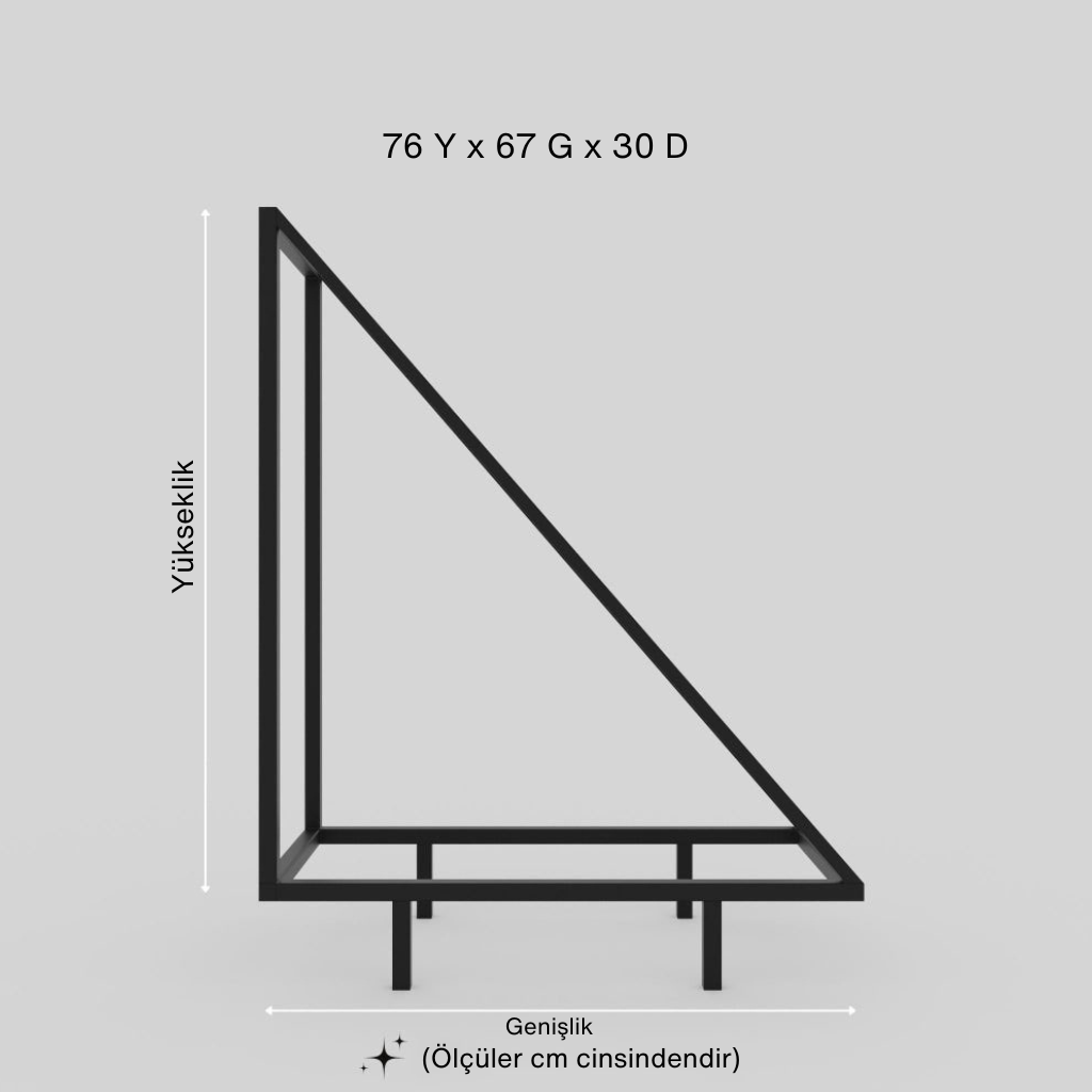 Modern, üçgen tasarımlı, siyah metal odunluk veya köşe rafının cm cinsinden temel ölçülerini (Yükseklik: 76 cm, Genişlik: 67 cm, Derinlik: 30 cm) gösteren teknik çizim.
