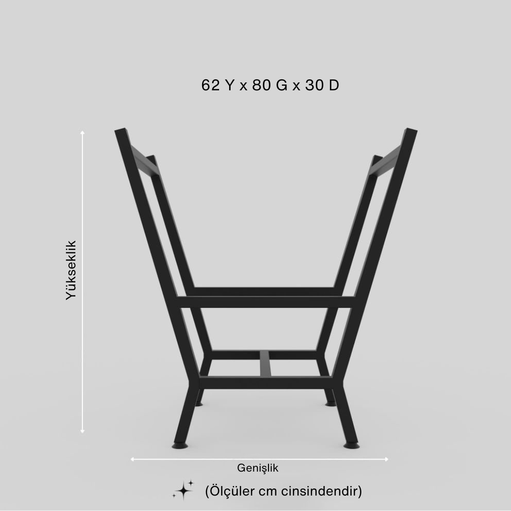 V-şeklinde, siyah metal odunluk standının ölçü çizimi. Şömine veya soba kütükleri için dekoratif depolama çözümü. Cm cinsinden boyutları: 62 Yükseklik x 80 Genişlik x 30 Derinlik.