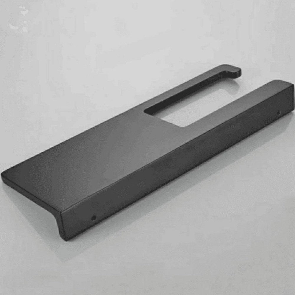 Dahili tuvalet kağıdı tutuculu, şık ve kompakt bir tasarımı sergileyen minimalist siyah çok işlevli bir banyo rafı.