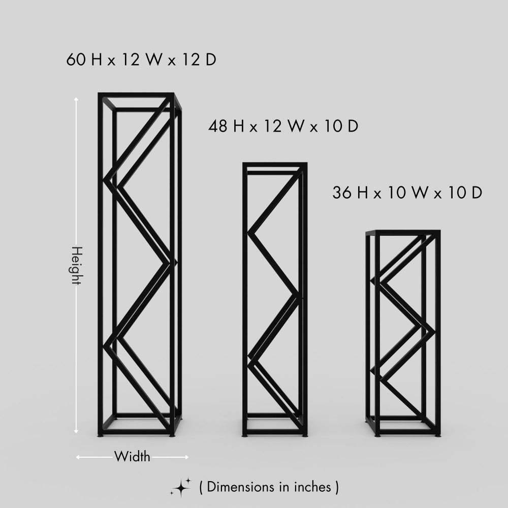 Three modern metal log racks of varying heights, displaying firewood storage options with a geometric and minimalist design.