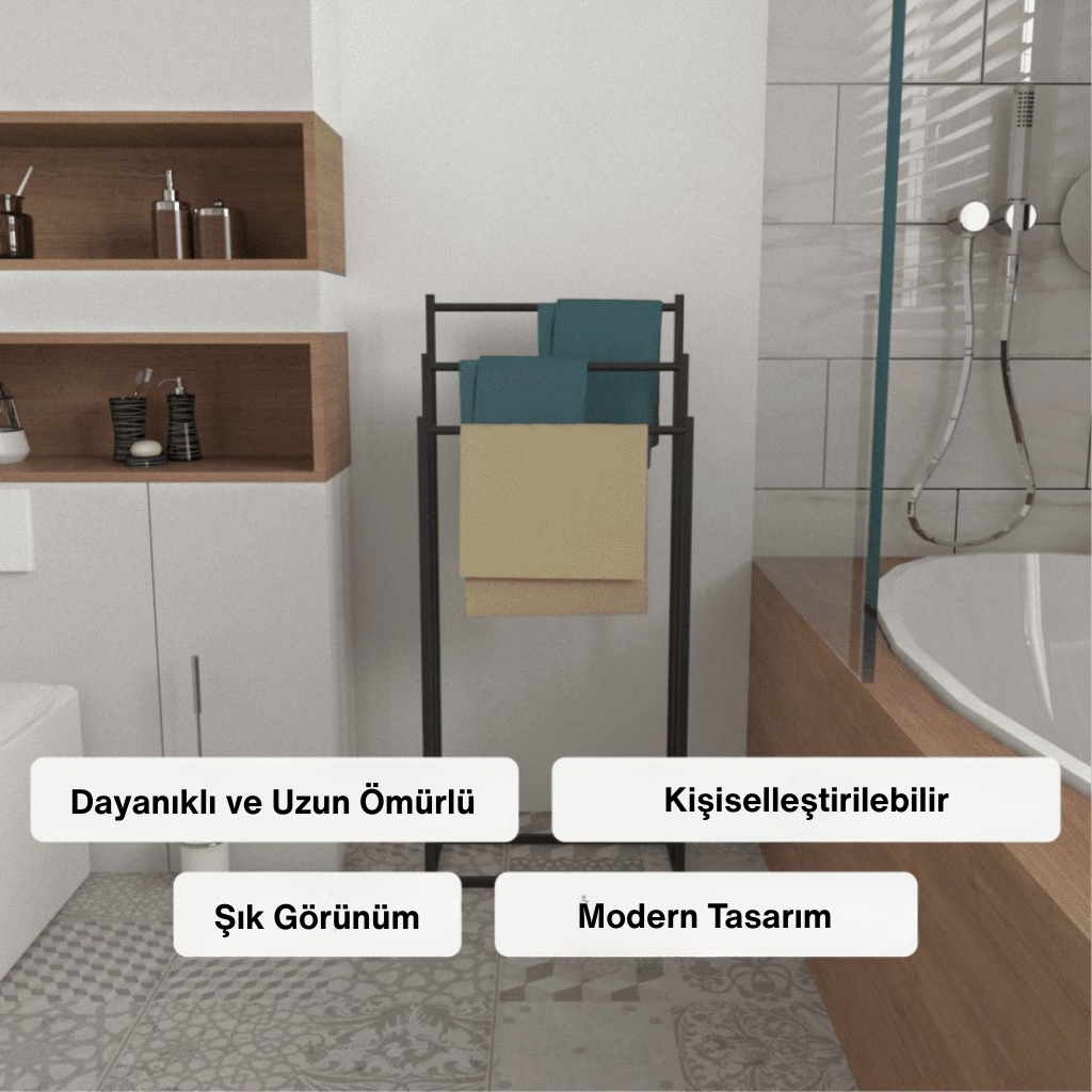 Banyo için modern tasarımlı, kişiselleştirilebilir, dayanıklı ve uzun ömürlü metal havlu askılığı görseli.