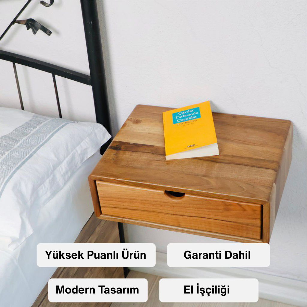 Modern tasarımlı, el işçiliği ile üretilmiş, duvara monte ahşap komodin. Üzerinde Salinger'ın Çavdar Tarlasında Çocuklar kitabı var. Yüksek puanlı ürün olup, garanti dahilindedir.
