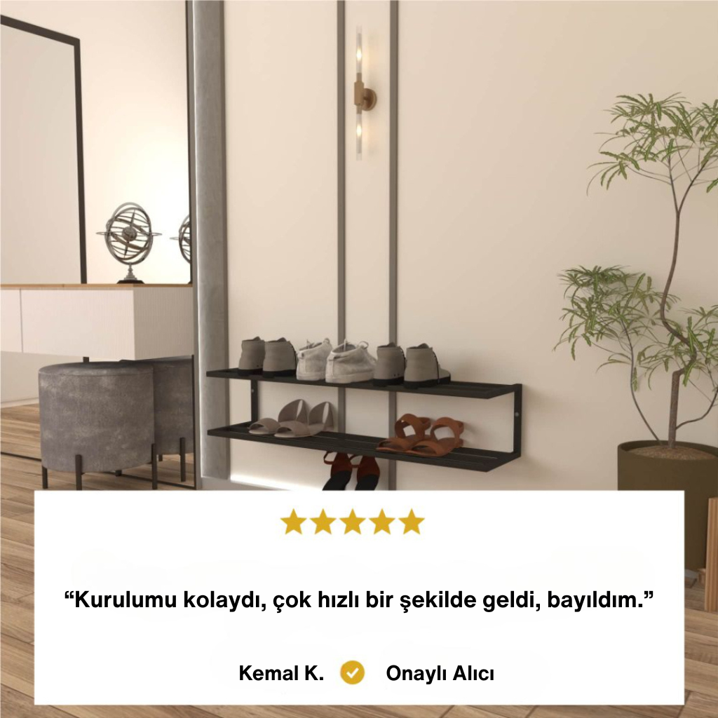 "Kullanıcı yorumu ile birlikte gösterilen modern siyah metal ayakkabılık, giriş alanında fonksiyonel depolama çözümü sunuyor."