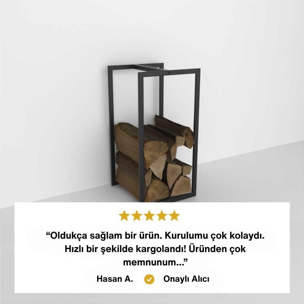 Müşteri yorumu ile birlikte modern siyah metal şömine odunluğu – kolay kurulum, sağlam yapı ve hızlı kargo memnuniyeti