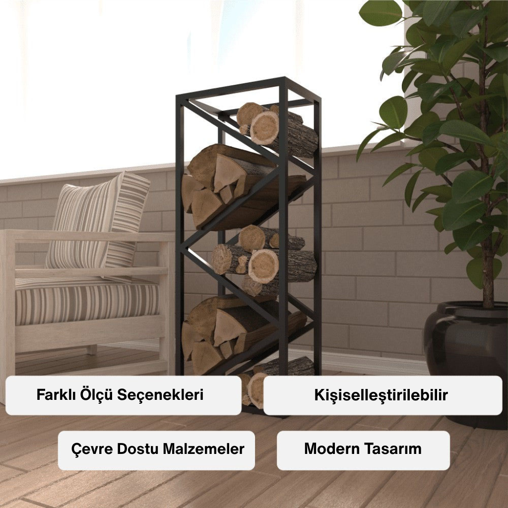 Modern tasarımlı zigzag raflı siyah metal odunluk standı, balkonda kütüklerle dolu. Farklı ölçü seçenekleri ve kişiselleştirilebilir özelliği mevcut. Üretiminde çevre dostu malzemeler kullanılmıştır.