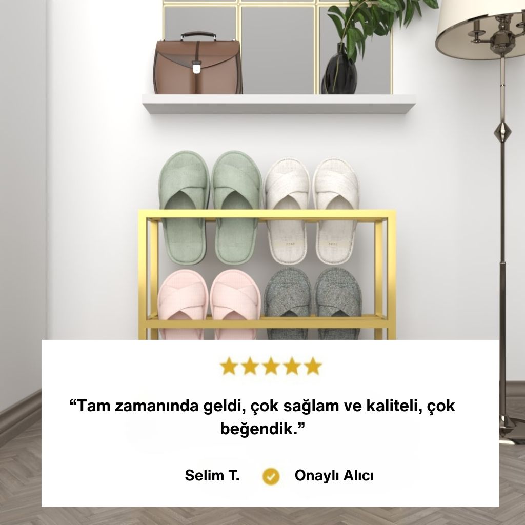 Altın renkte modern terlik düzenleyici, girişte düzen sağlayan terlik rafı, müşteri yorumu ile birlikte.