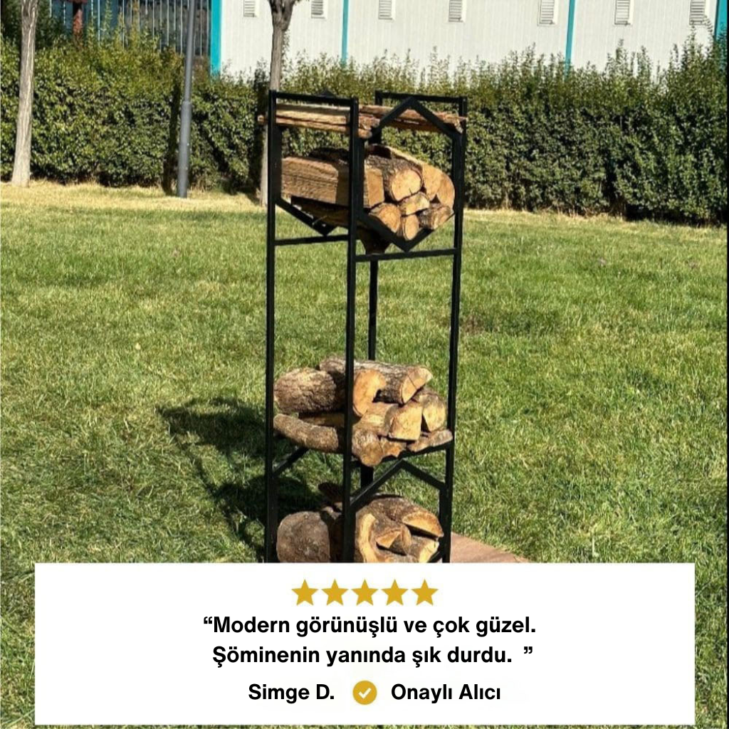5 yıldızlı onaylı müşteri yorumu: "Modern görünüşlü ve çok güzel. Şöminenin yanında şık durdu." sözleriyle ürünün estetiğini ve şömine yanı için uygunluğunu öven geri bildirim.