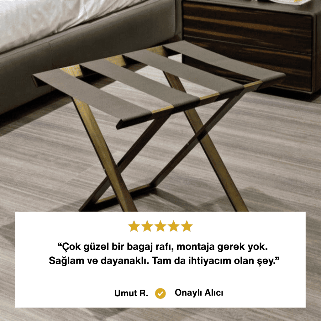 5 yıldızlı müşteri geri bildirimi: "Montaja gerek yok. Sağlam ve dayanıklı." sözleriyle ürünün kolaylığını ve kalitesini öven onaylı alıcı yorumu içeren bagaj rafı görseli.