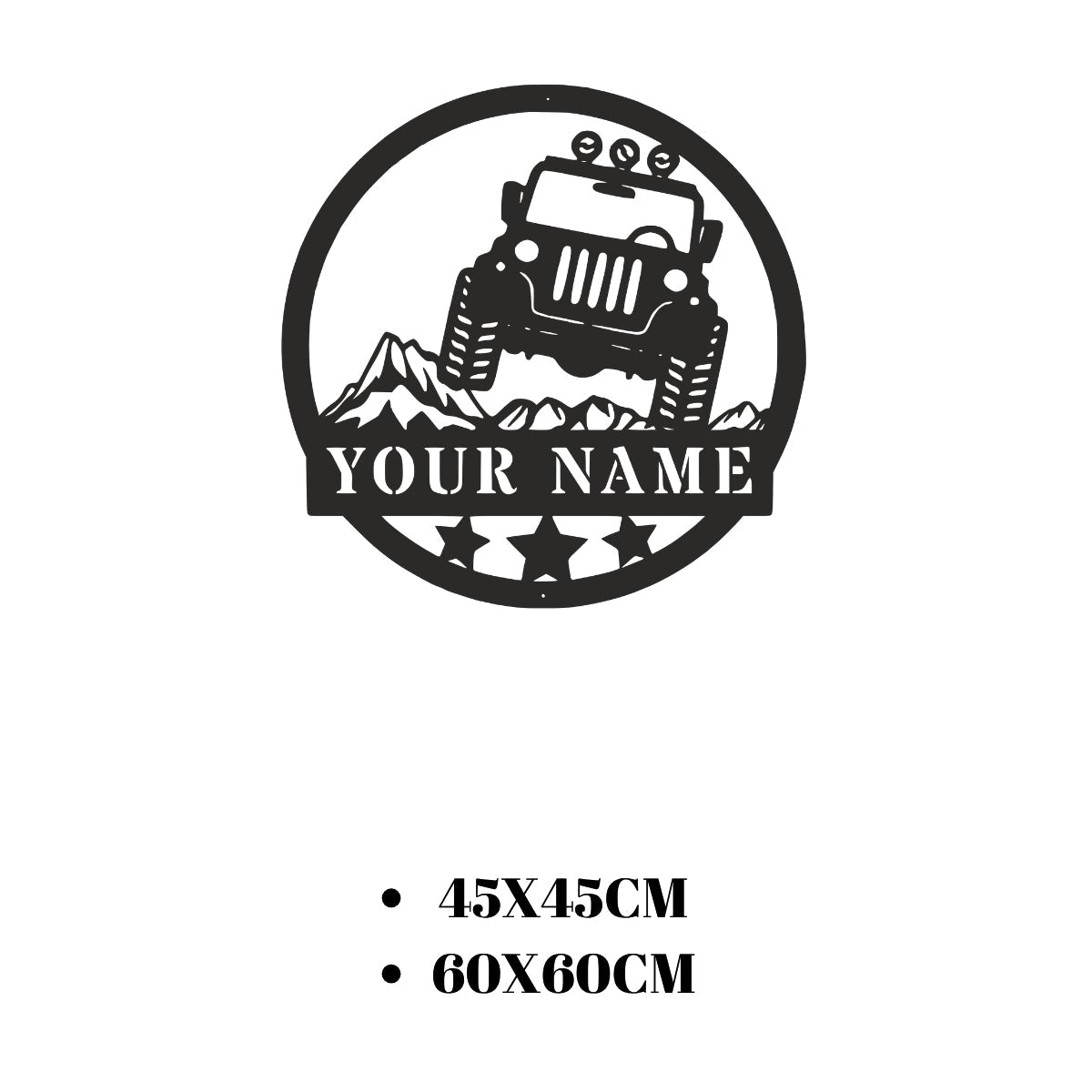 Off-road jeep ve dağ temalı, kişiye özel isim yazılabilen dekoratif metal duvar tabelası ölçü seçenekleri görseli.