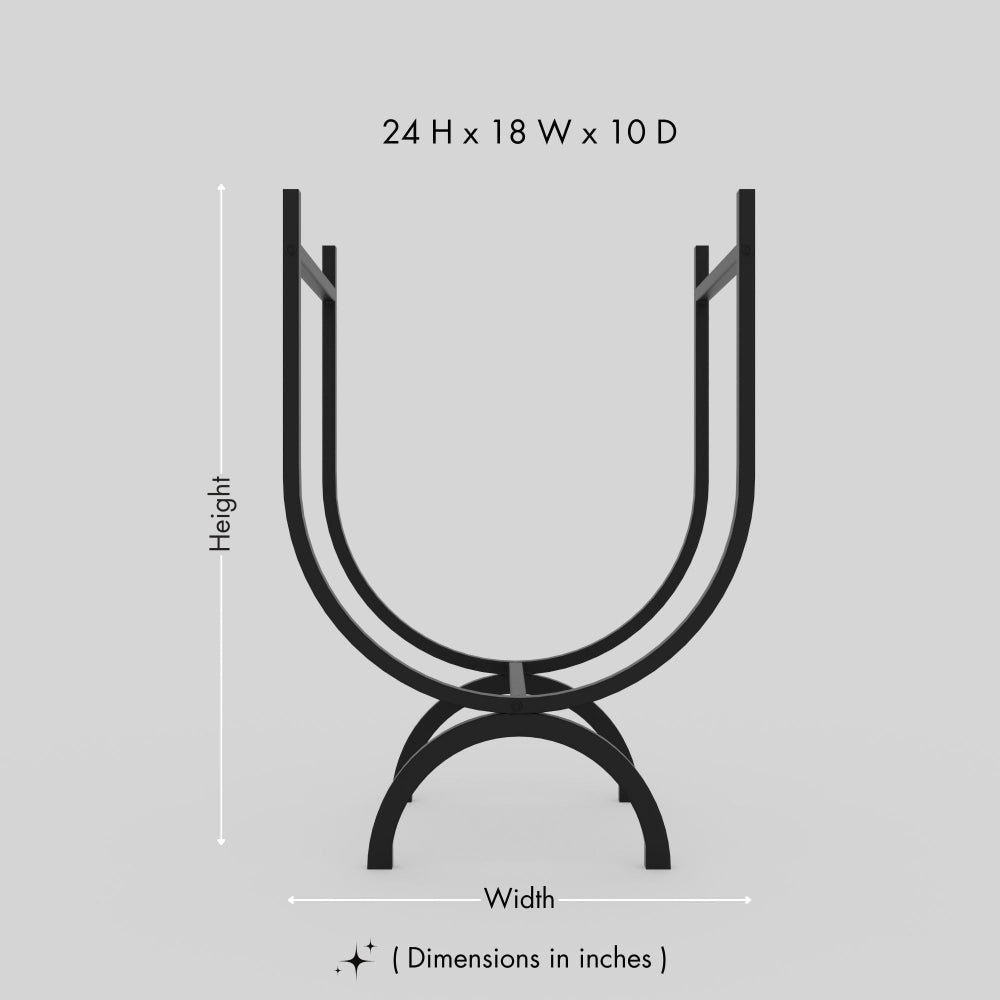 Dimensions of the oval-shaped metal log holder, showing 24 inches in height, 18 inches in width, and 10 inches in depth with a sleek black frame.