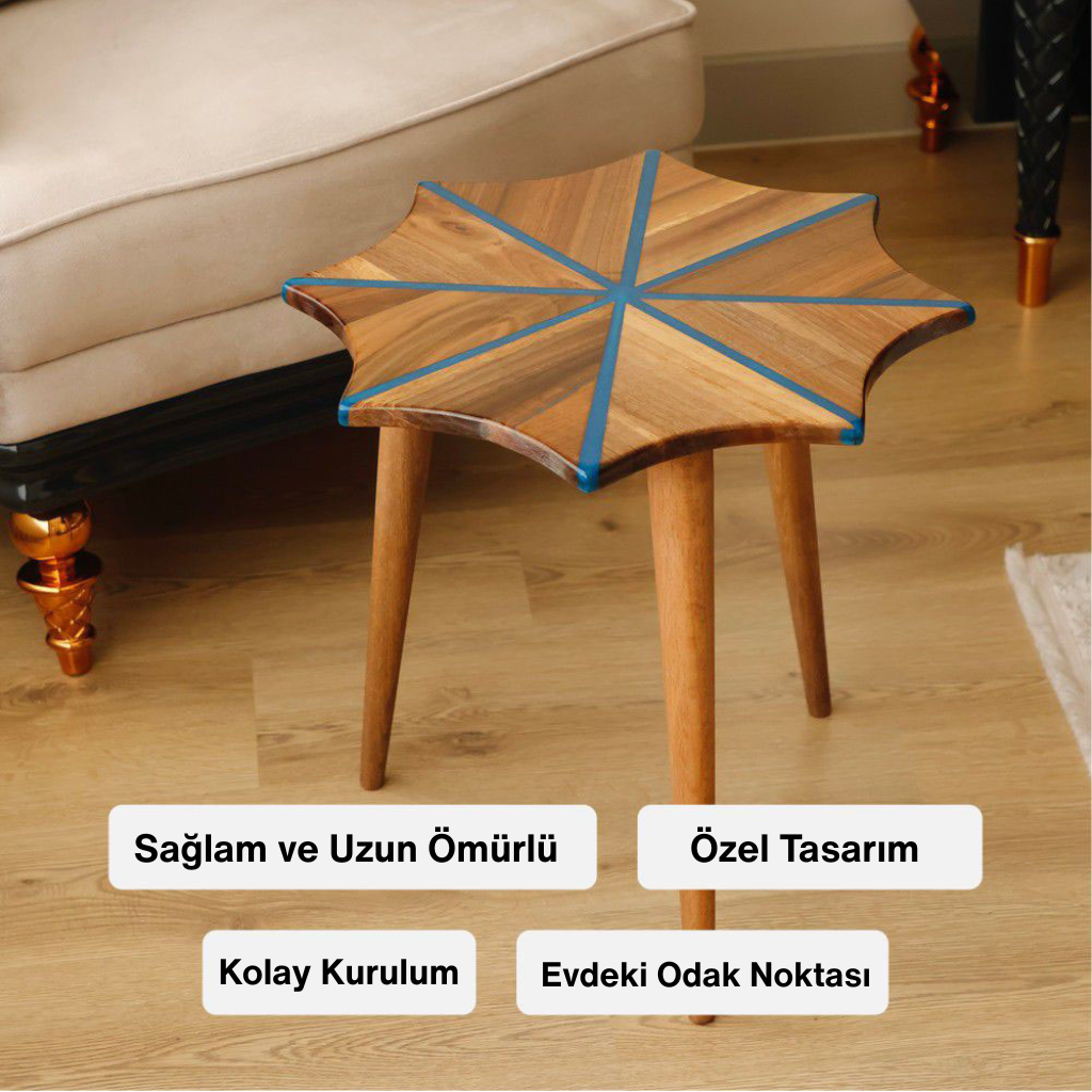 Özel tasarımlı, sağlam ve uzun ömürlü ahşap yan sehpa. Mavi epoksi detaylı, sekizgen görünümlü üst yüzey. Kolay kuruluma sahiptir ve evdeki odak noktası olmaya uygundur.