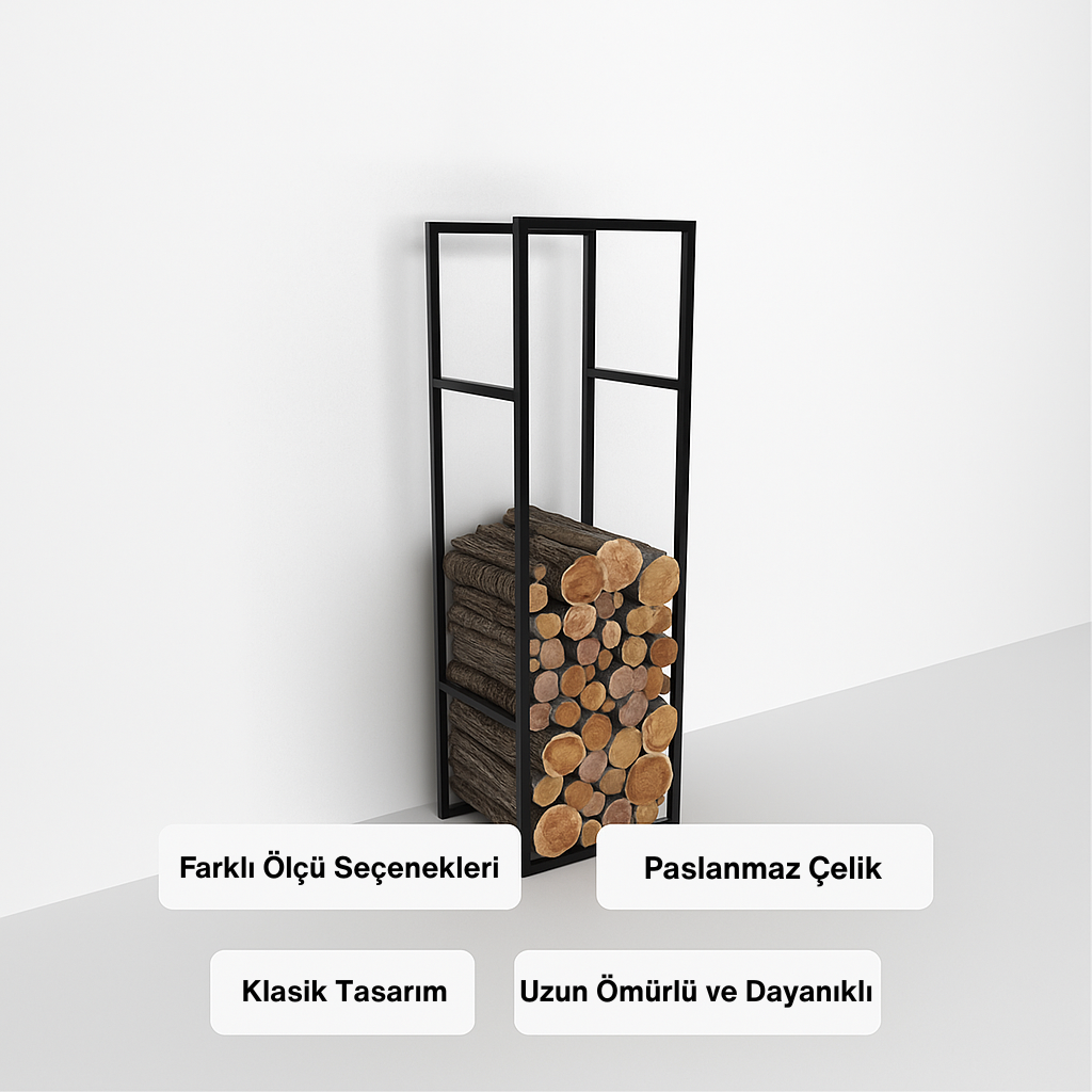 Farklı ölçü seçenekleri sunan, klasik ve zamansız şıklıkta, uzun ömürlü ve dayanıklı siyah metal odunluk.