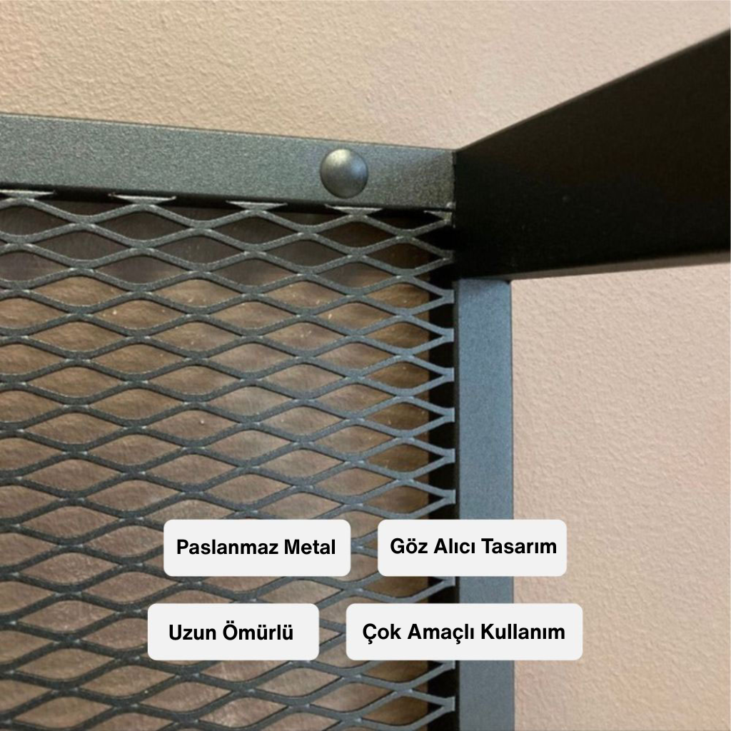 Paslanmaz siyah metal çerçeveli, göz alıcı kafes/ızgara örgü detayı yakın çekim. Uzun ömürlü ve çok amaçlı kullanıma uygun ürün materyal detayı.