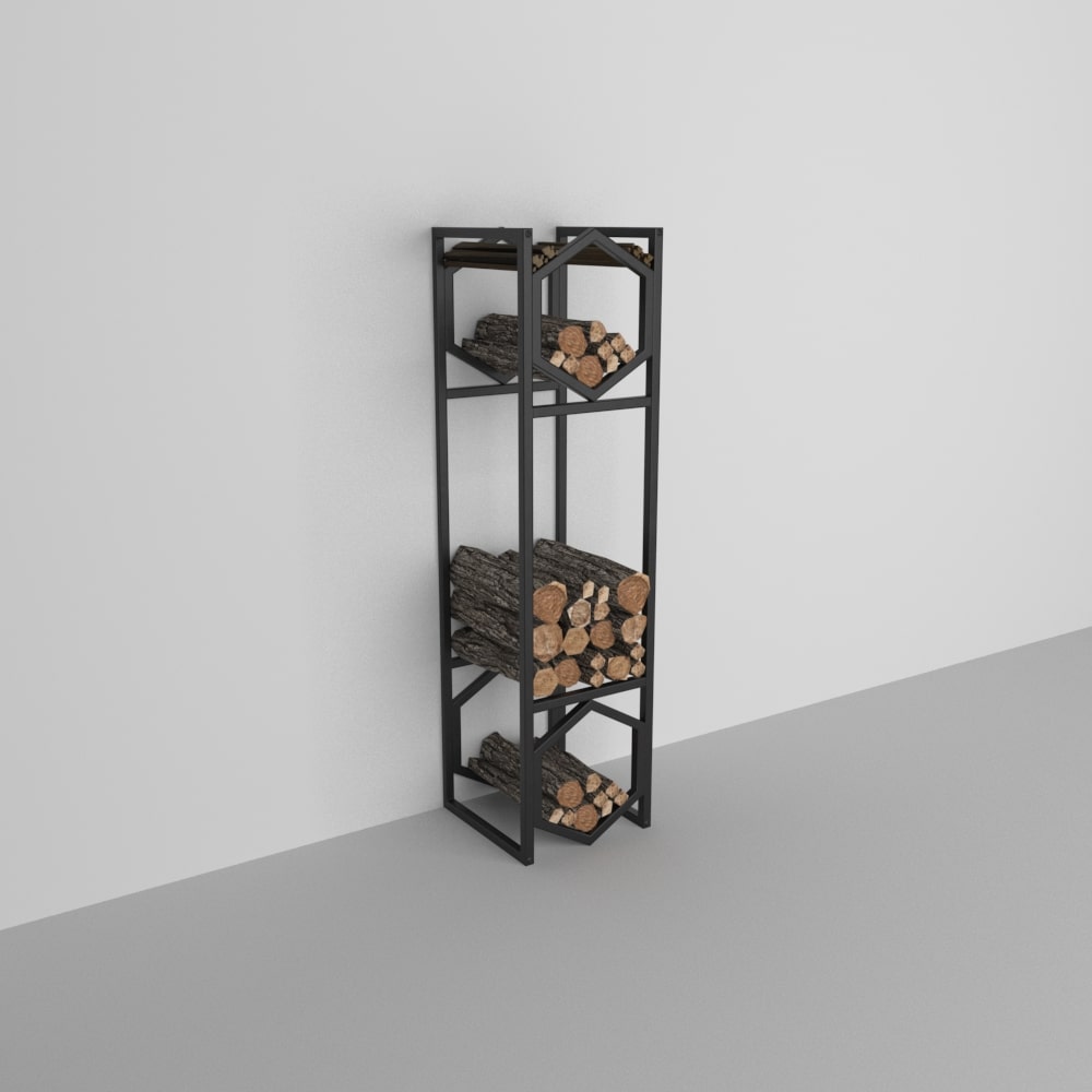 Gri zeminli ve beyaz duvarlı minimalist bir odada, zarif tasarımını sergileyen, siyah modern hekzagonal metal bir odunluk.