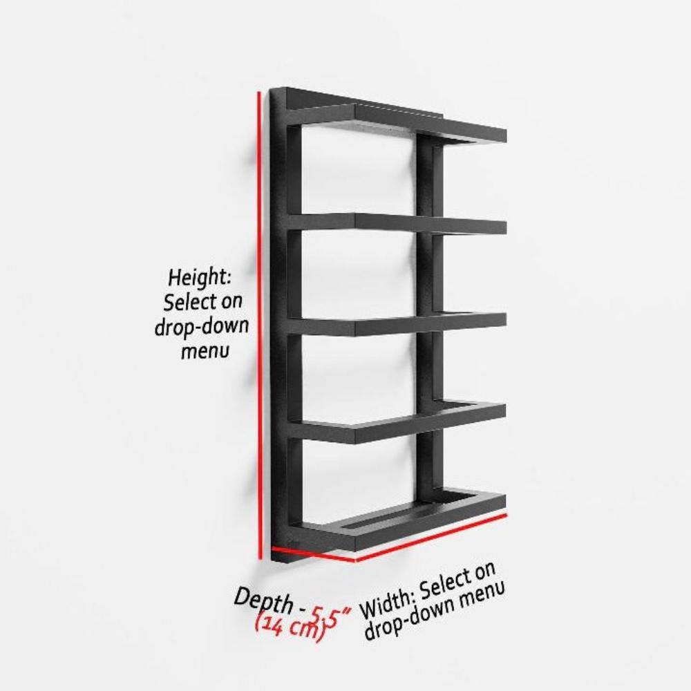 Kırmızı kenarları ve etiketlenmiş ölçümleri ile vurgulanan, özelleştirilebilir yükseklik ve genişlik seçeneklerine sahip, 14 cm derinliğinde siyah metal bir havluluğun yandan görünümü.