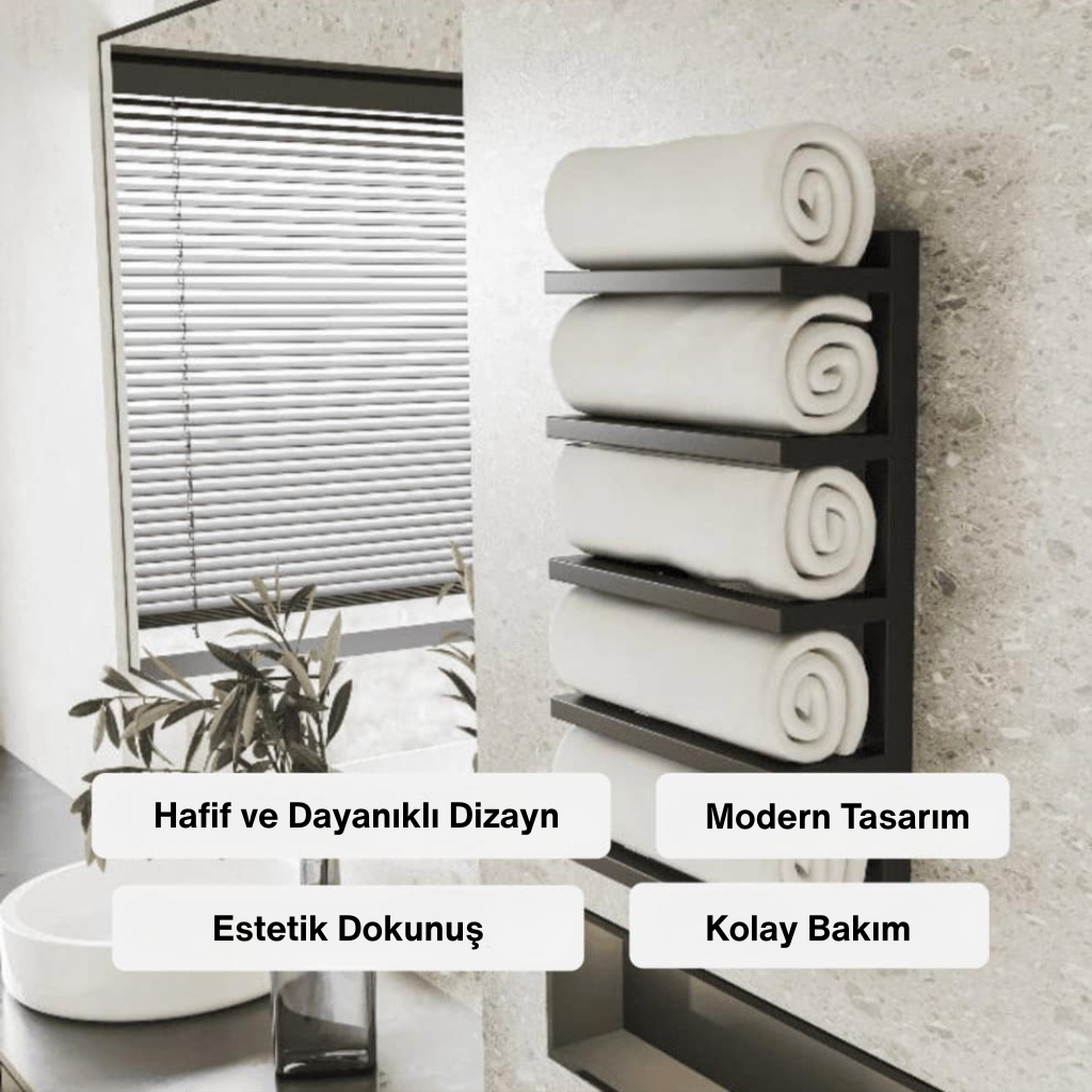 Duvara monte edilmiş siyah metal havluluk, üzerine yerleştirilmiş beyaz havlularla modern banyo tasarımı.