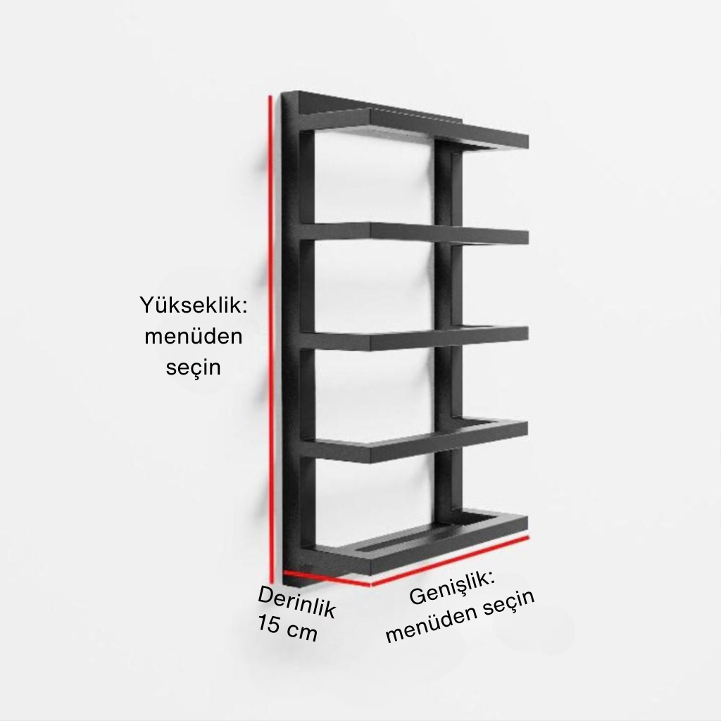 Yükseklik ve genişliği menüden seçilebilen siyah metal havluluk yan görünüm teknik çizimi.