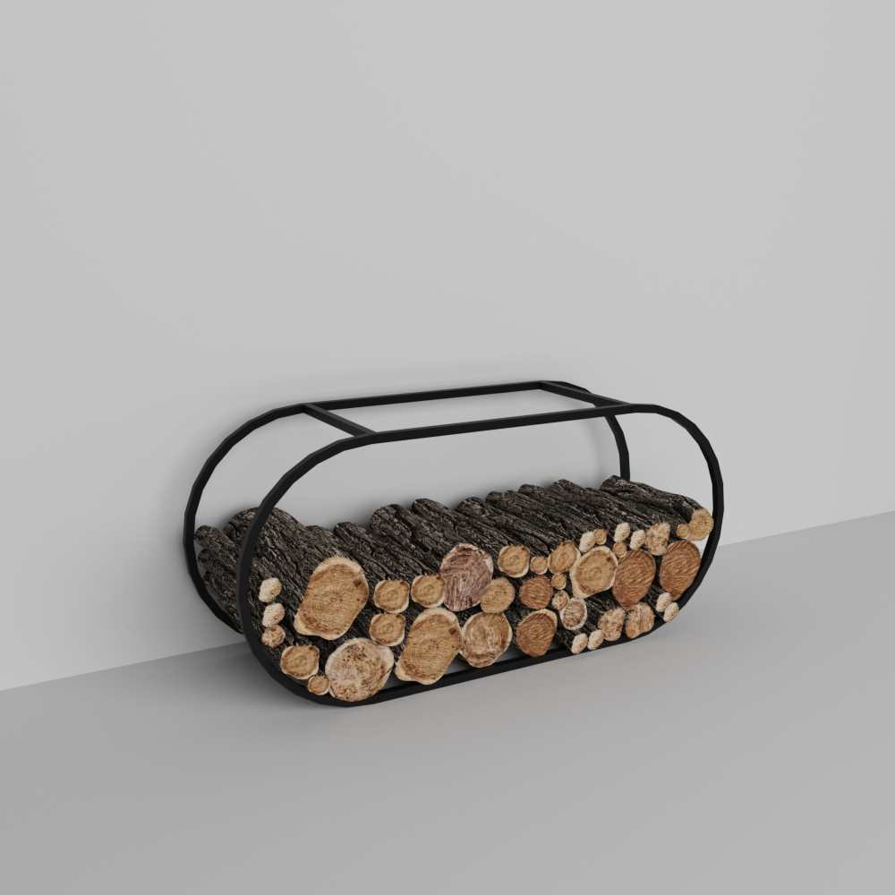 Düz gri bir duvara karşı konumlandırılmış, kütüklerle dolu, şık ve modern bir tasarıma sahip minimalist siyah metal bir odunluk.