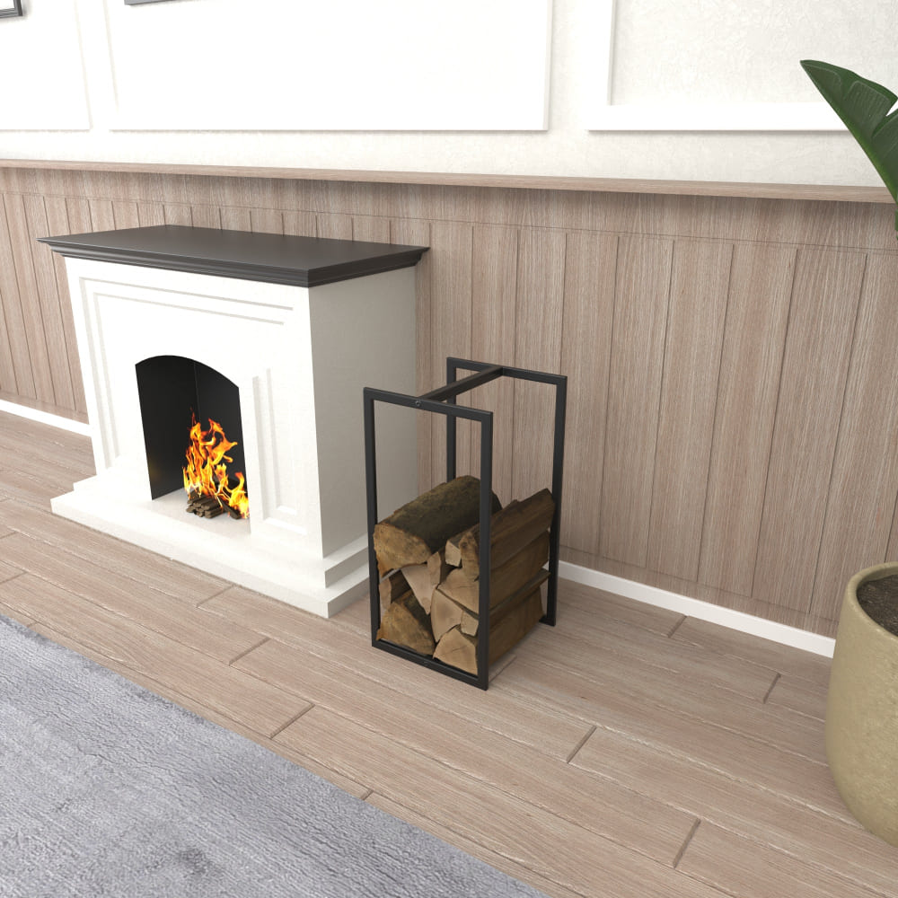 Düz bir duvara karşı yerleştirilmiş, düzenli bir şekilde istiflenmiş kütüklerle dolu küçük siyah metal bir odunluk. Minimalist tasarım ve sade çizgiler, işlevsel ve şık estetiğini vurguluyor.