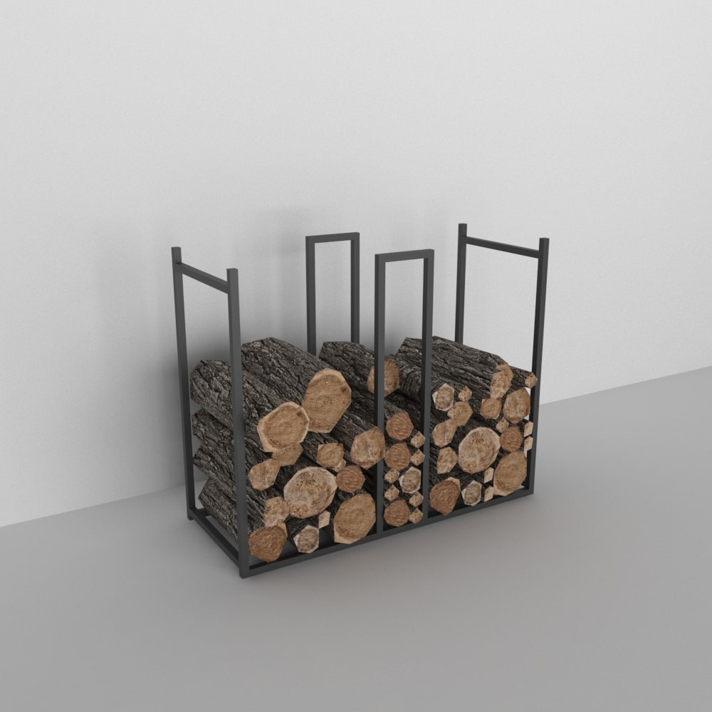 Düz gri bir arka plana karşı sergilenen, siyah, minimalist metal bir odunluk, içinde çıra için ayrı bir bölüm bulunan, zarif ve modern bir tasarıma sahip.