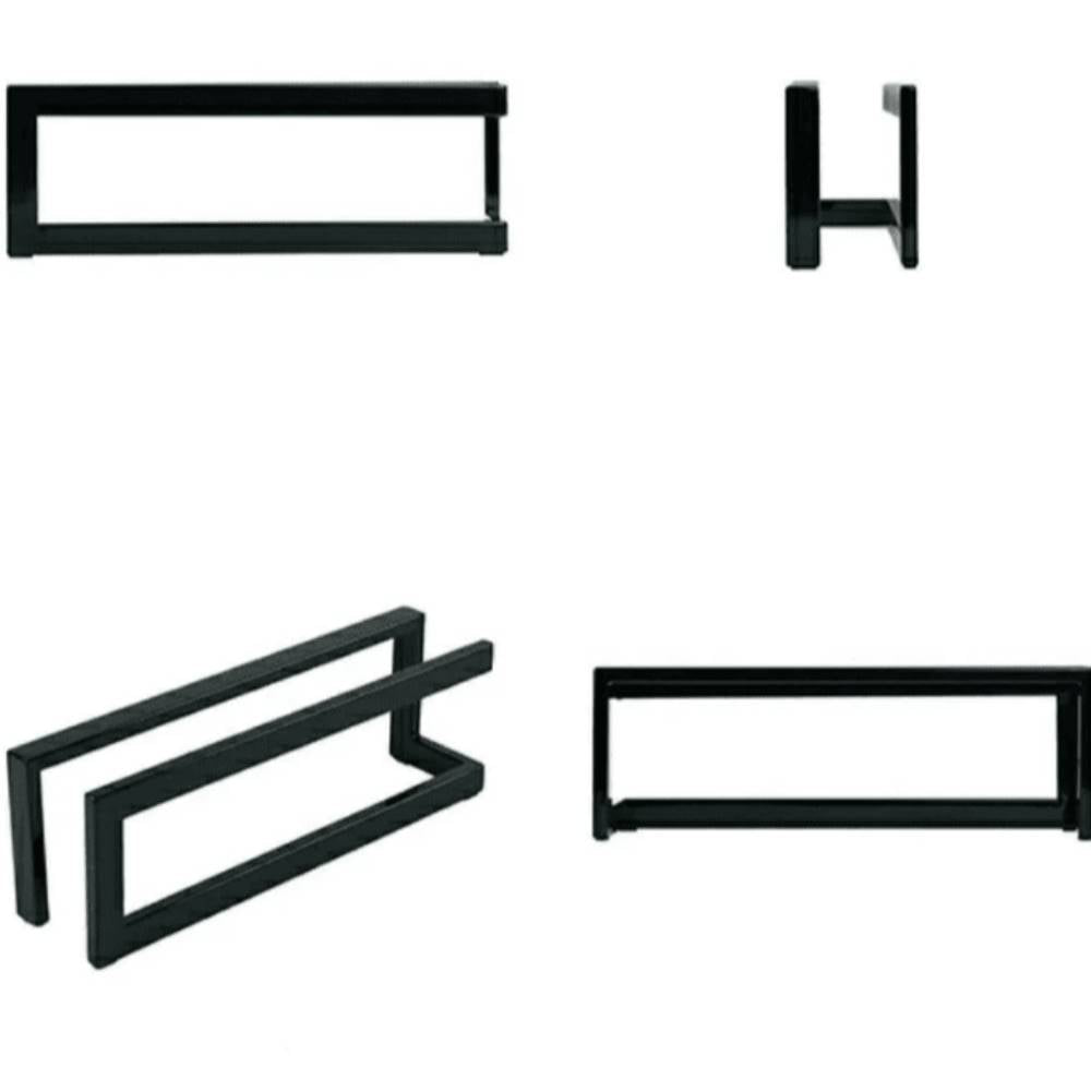Minimalist ve şık tasarımını gösteren, siyah metal bir terlik rafının farklı açılardan yakın çekimi.