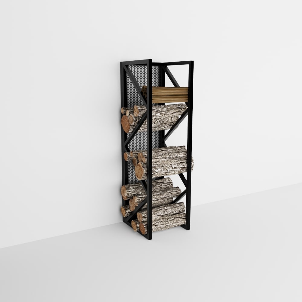 Minimalist beyaz bir arka plana karşı, içine düzenli bir şekilde kütüklerin istiflendiği, modern çapraz tasarıma sahip siyah metal bir odunluk.