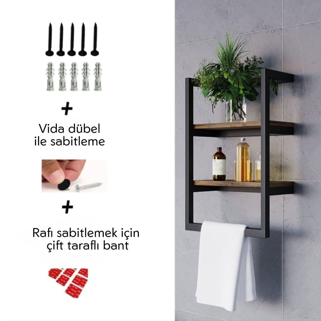 “Siyah metal ve ahşap banyo rafı – vidalar, çift taraflı bant ve montaj aparatı içeren kurulum setiyle birlikte gelir.”