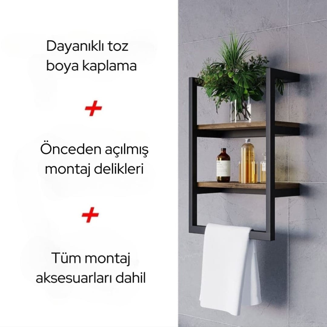 “Duvara monte siyah metal ve ahşap raf – elektrostatik toz boyalı, önceden delikli ve montaj aparatlarıyla birlikte gelir.”