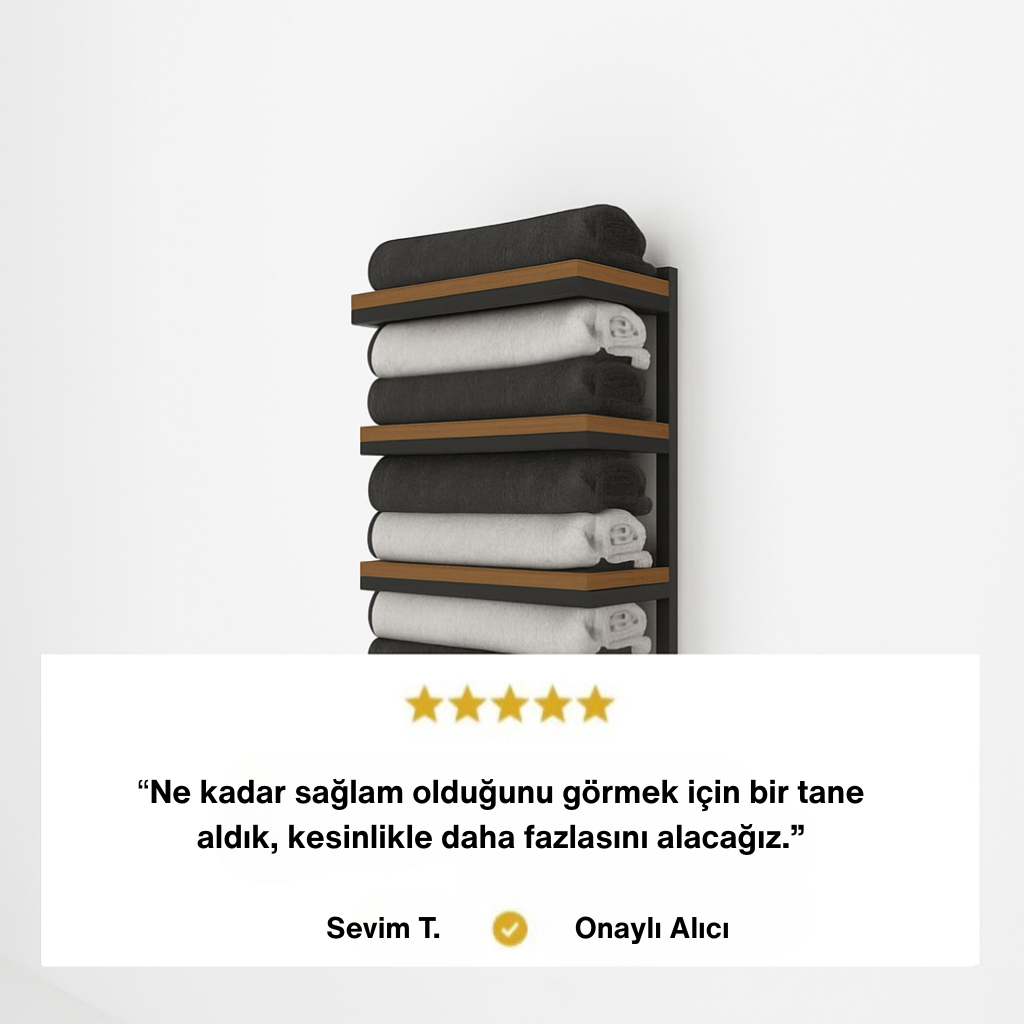 “Duvara monte siyah metal ve ahşap raflı havlu düzenleyici – sağlam yapısı ve yüksek müşteri memnuniyeti ile banyo düzeni için ideal.”