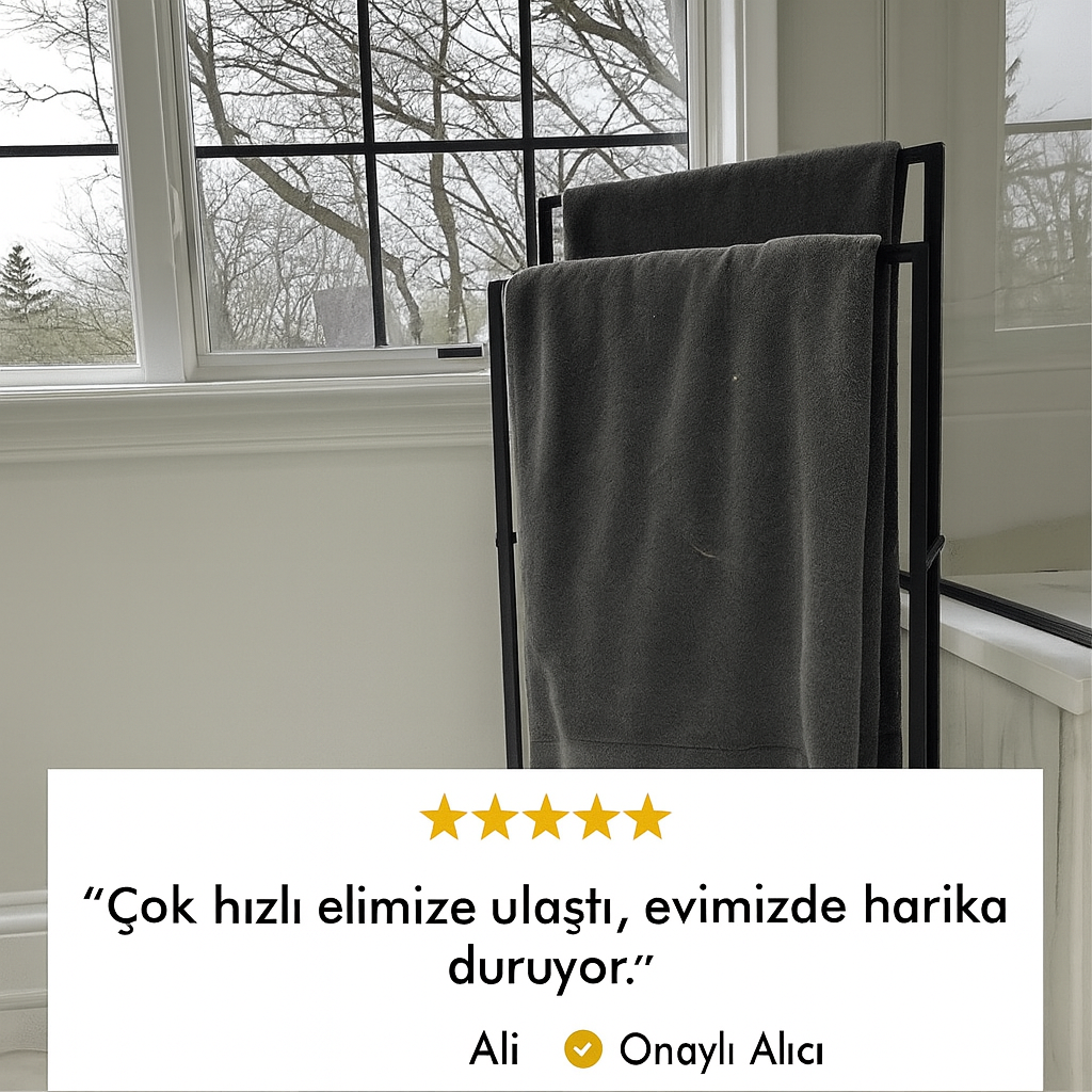 “Pencere kenarında konumlandırılmış siyah metal havlu askılığı üzerinde gri havlular asılı duruyor; müşteriden hızlı teslimat ve şık görünüm üzerine olumlu yorum.”