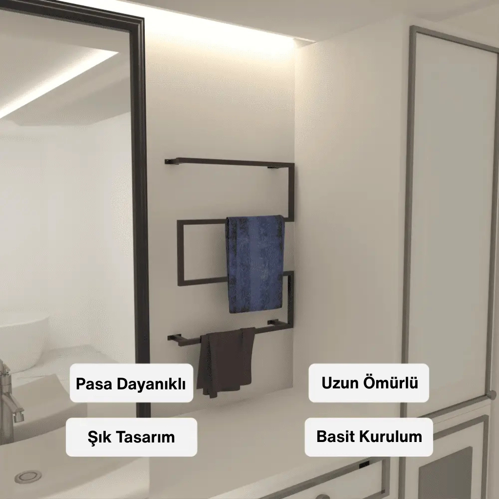 Modern banyoda, şık tasarımlı, zikzak siyah metal havluluk standı. Ürün pasa dayanıklı, uzun ömürlü ve basit kuruluma sahiptir. Üzerinde mavi ve gri havlular asılı.