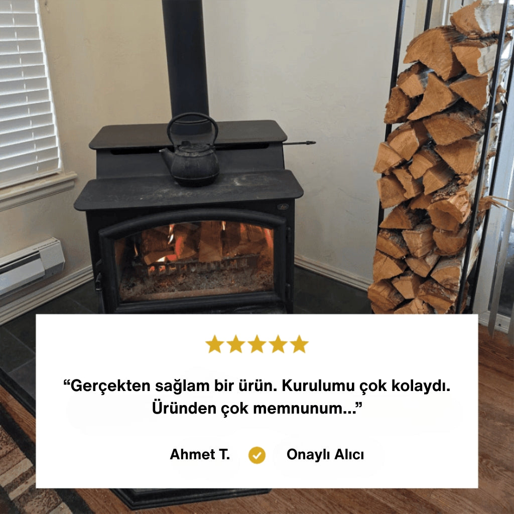 Müşteri memnuniyeti yorumu ile birlikte şömine yanında kullanılan sağlam ve kolay kurulumlu metal odunluk – yüksek kaliteli, dayanıklı ve işlevsel tasarım