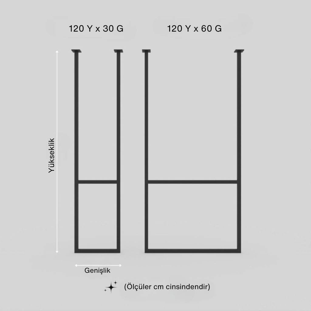 “120 cm yüksekliğinde, 30 cm ve 60 cm genişliğinde iki farklı ölçüde tavana monte metal çerçeve askılık teknik çizimi, ölçüler cm cinsinden belirtilmiş.”