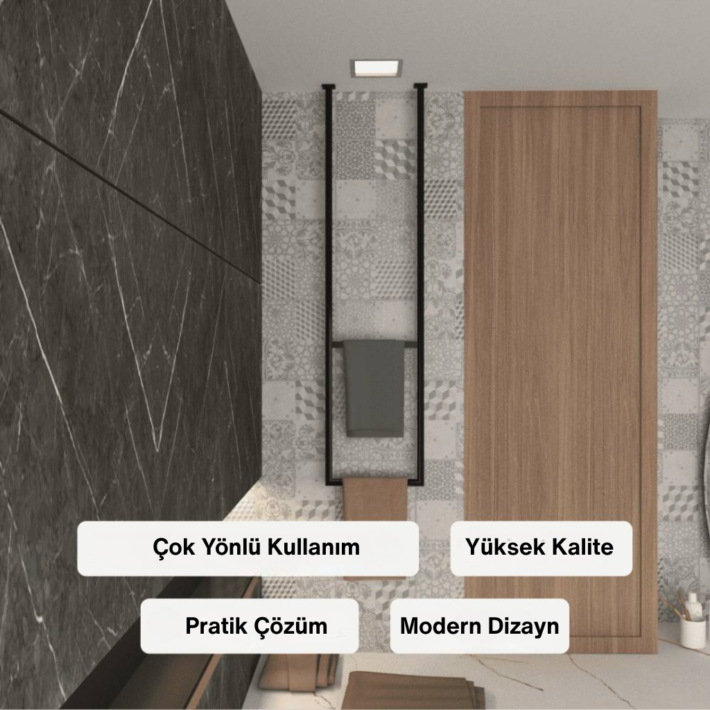 “Modern banyoda tavana monte edilmiş siyah metal çerçeve askılık, üzerine asılmış havlu ile birlikte duvara sabitlenmiş şekilde görülüyor; yüksek kalite, modern tasarım ve çok yönlü kullanım vurgulanmış.”