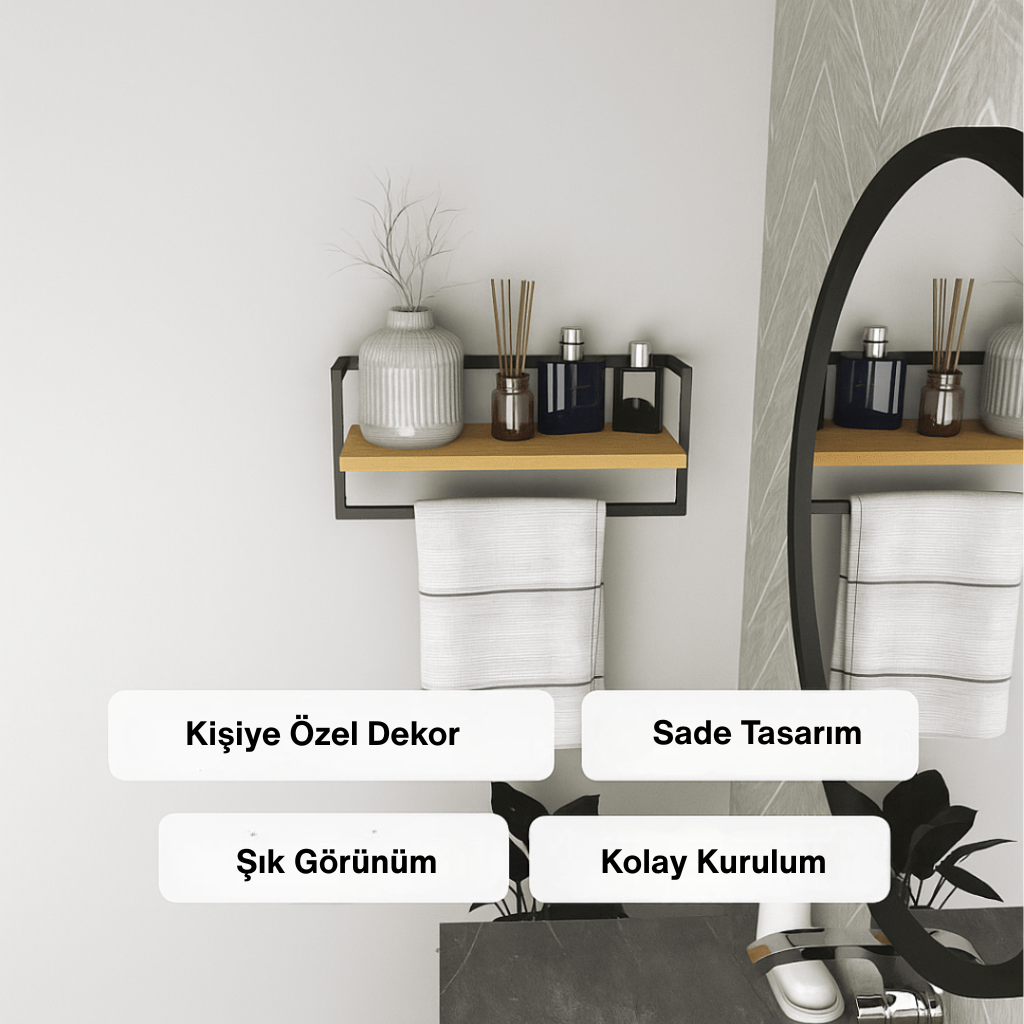 “Dekoratif metal çerçeveli tek katlı ahşap duvar rafı – sade tasarımı ve kolay kurulumu ile banyoda havlu askısı ve kişisel aksesuarlar için şık depolama alanı sunar.”
