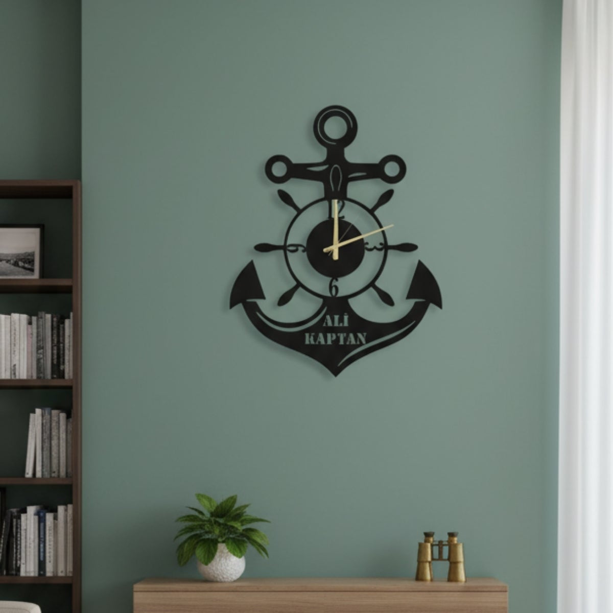 Tekne iç mekanları, sahil evleri veya ofisler için denizci temasına uygun şık ve dekoratif metal duvar saeti.