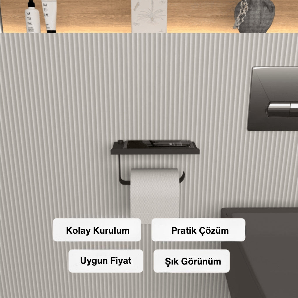 "Telefon raflı minimalist tuvalet kağıtlığı kolay  kurulum, pratik çözüm vb özellikleri"