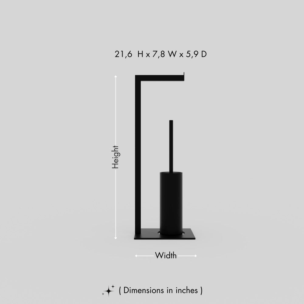 A simple diagram displaying the dimensions of a black toilet paper and brush stand with height, width, and depth measurements indicated.