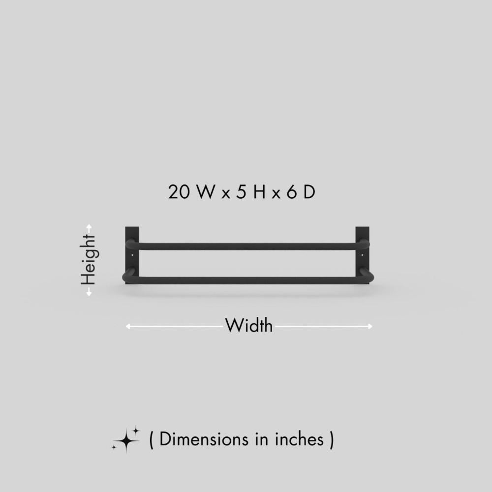 Düz gri bir arka plan üzerinde, 20 inç genişliğinde, 5 inç yüksekliğinde ve 6 inç derinliğinde boyutları sergilenen siyah çift barlı havluluk. Görsel, havluluğun minimalist ve işlevsel tasarımını vurguluyor.