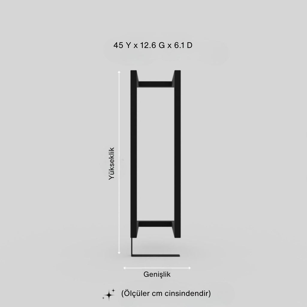45 cm yüksekliğinde, 12.6 cm genişliğinde ve 6.1 cm derinliğinde metal tuvalet kağıdı rafı ölçü görseli