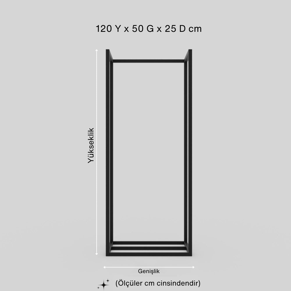 Yüksek, dik siyah metal odunluk çerçevesinin ölçü çizimi. Ürünün cm cinsinden boyutları: 120 Yükseklik x 50 Genişlik x 25 Derinlik.
