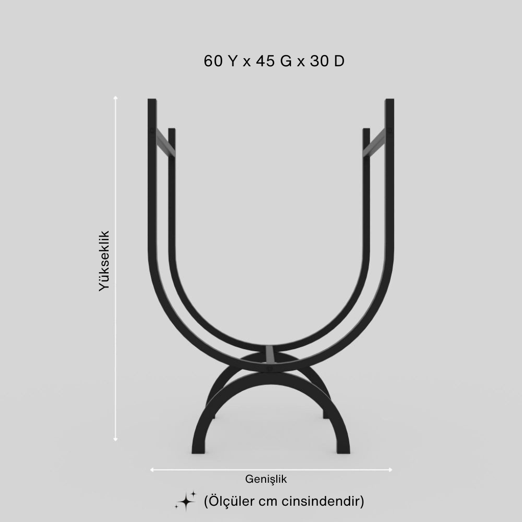 Yarım ay (U) şeklindeki, dekoratif siyah metal odunluk standının ölçü çizimi. Cm cinsinden boyutları: 60 Yükseklik x 45 Genişlik x 30 Derinlik.