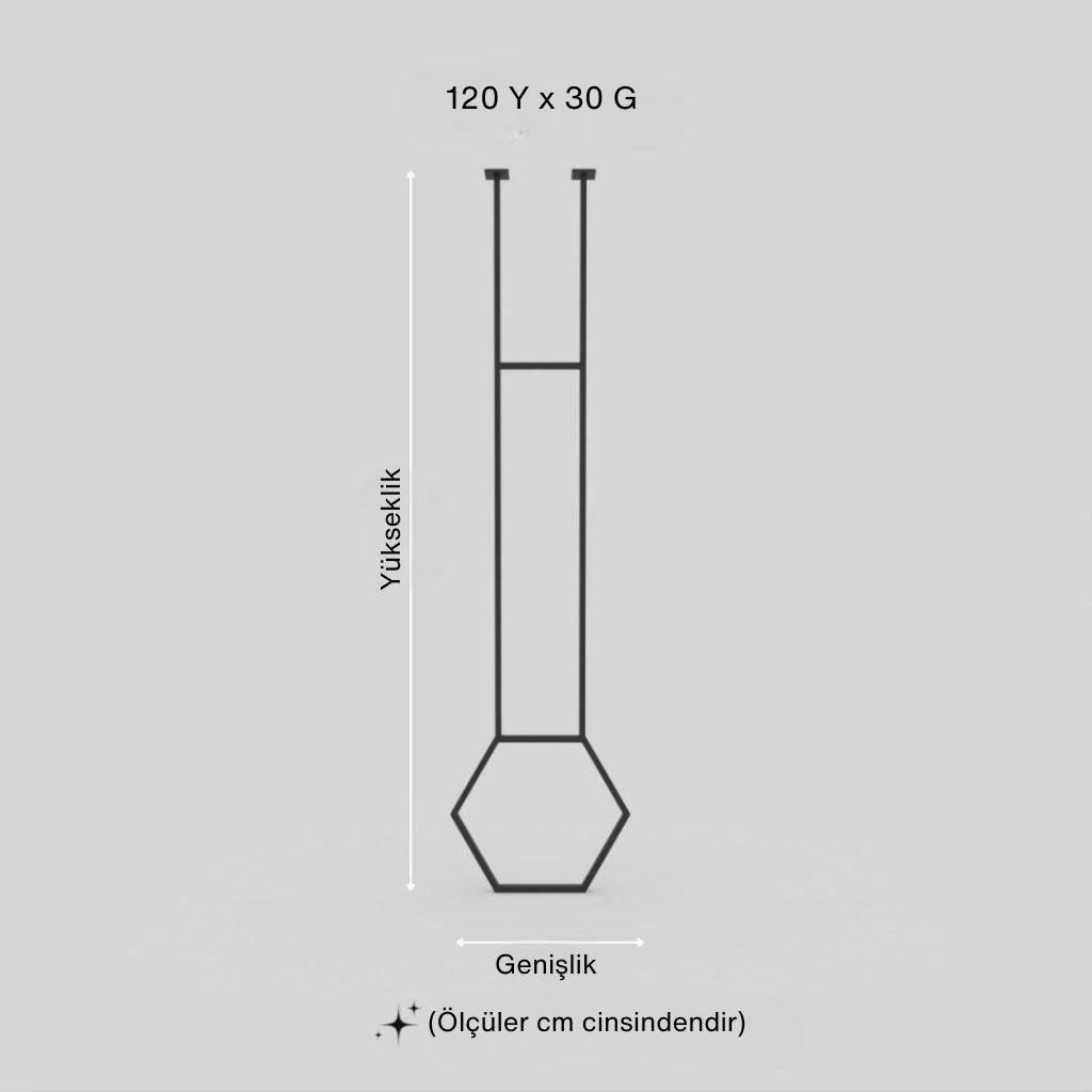 “120 cm yüksekliğinde modern altıgen tasarımlı tavan montajlı siyah metal havlu askılığı teknik ölçü çizimi.”