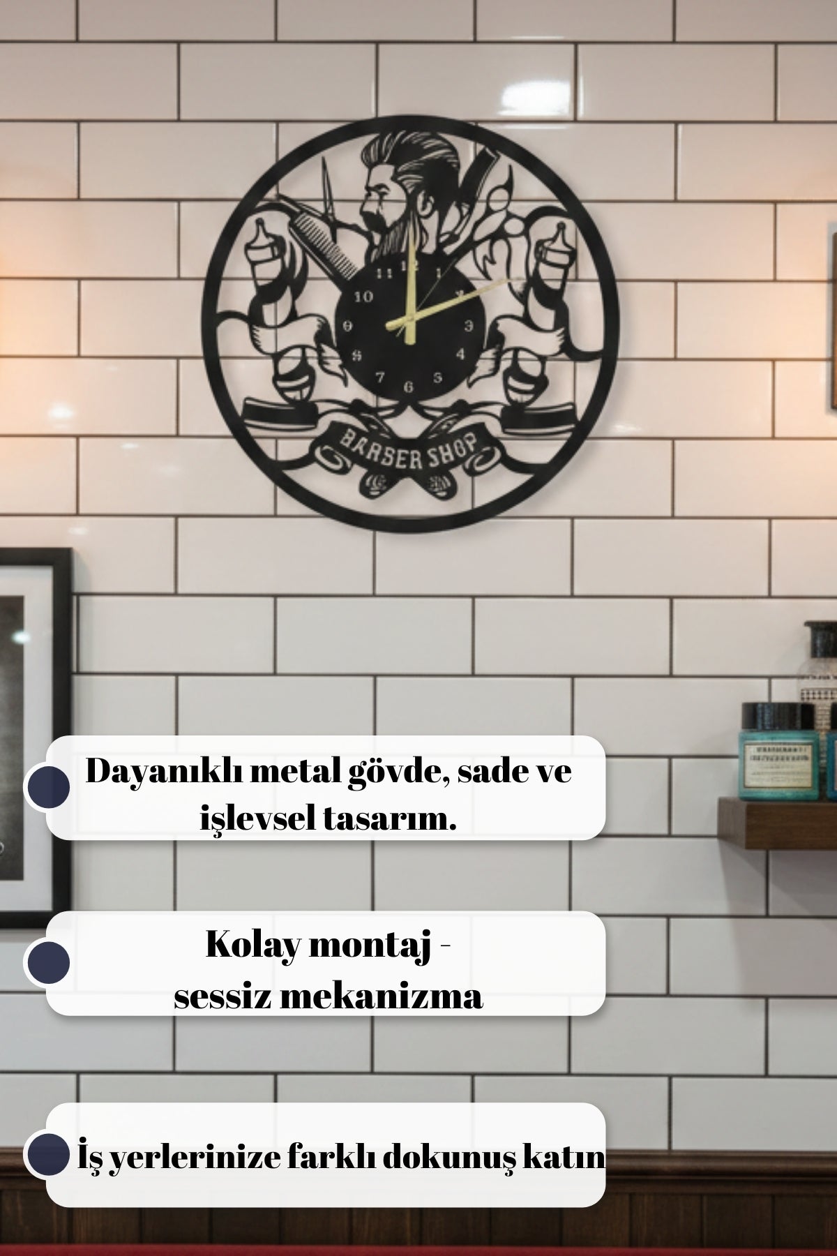 Berber Salonuna Özel Dekoratif Metal Duvar Saati – Barber Shop Tasarım